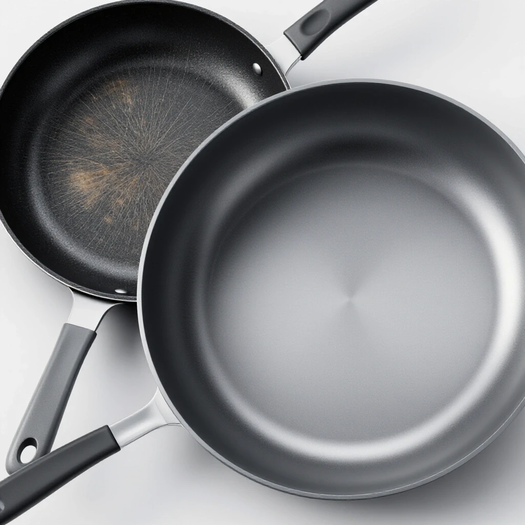 Close-up view of two nonstick pans, one scratched and worn, the other shiny and pristine, showcasing durability differences.