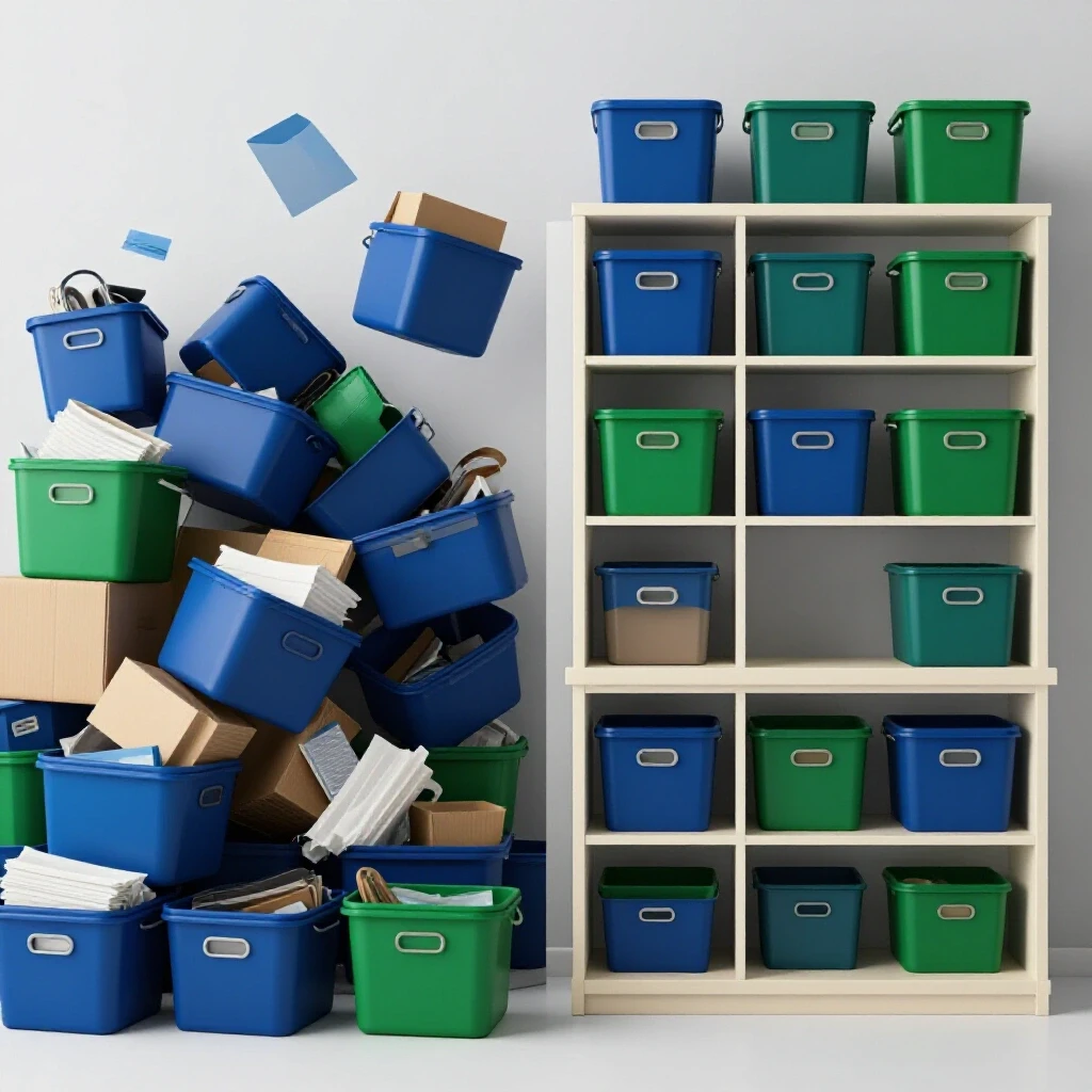 A split view of a chaotic room filled with overflowing storage bins on one side and a neatly organized space on the other side.