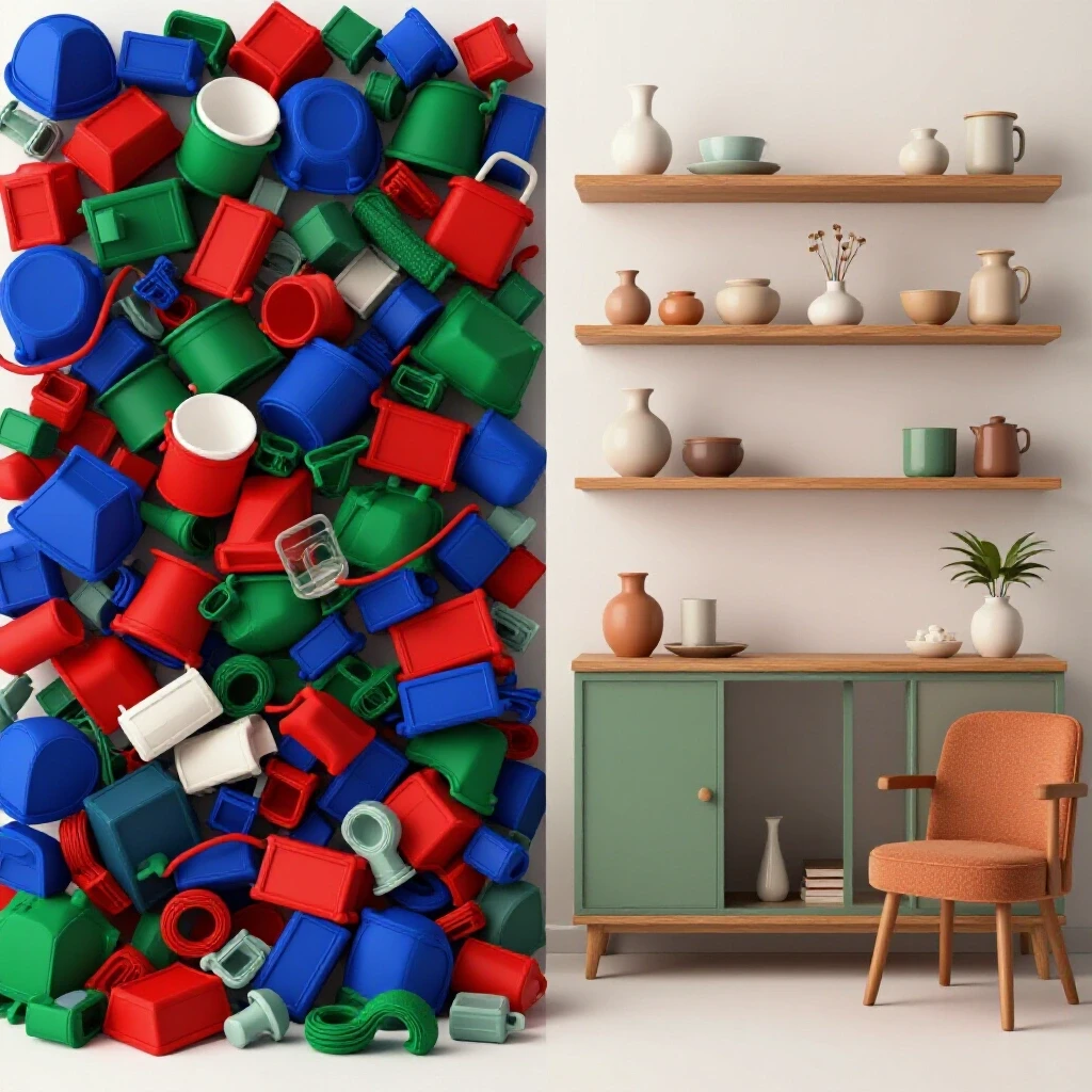 A visually striking image contrasting a cluttered space with duplicates and an organized area with unique decor.