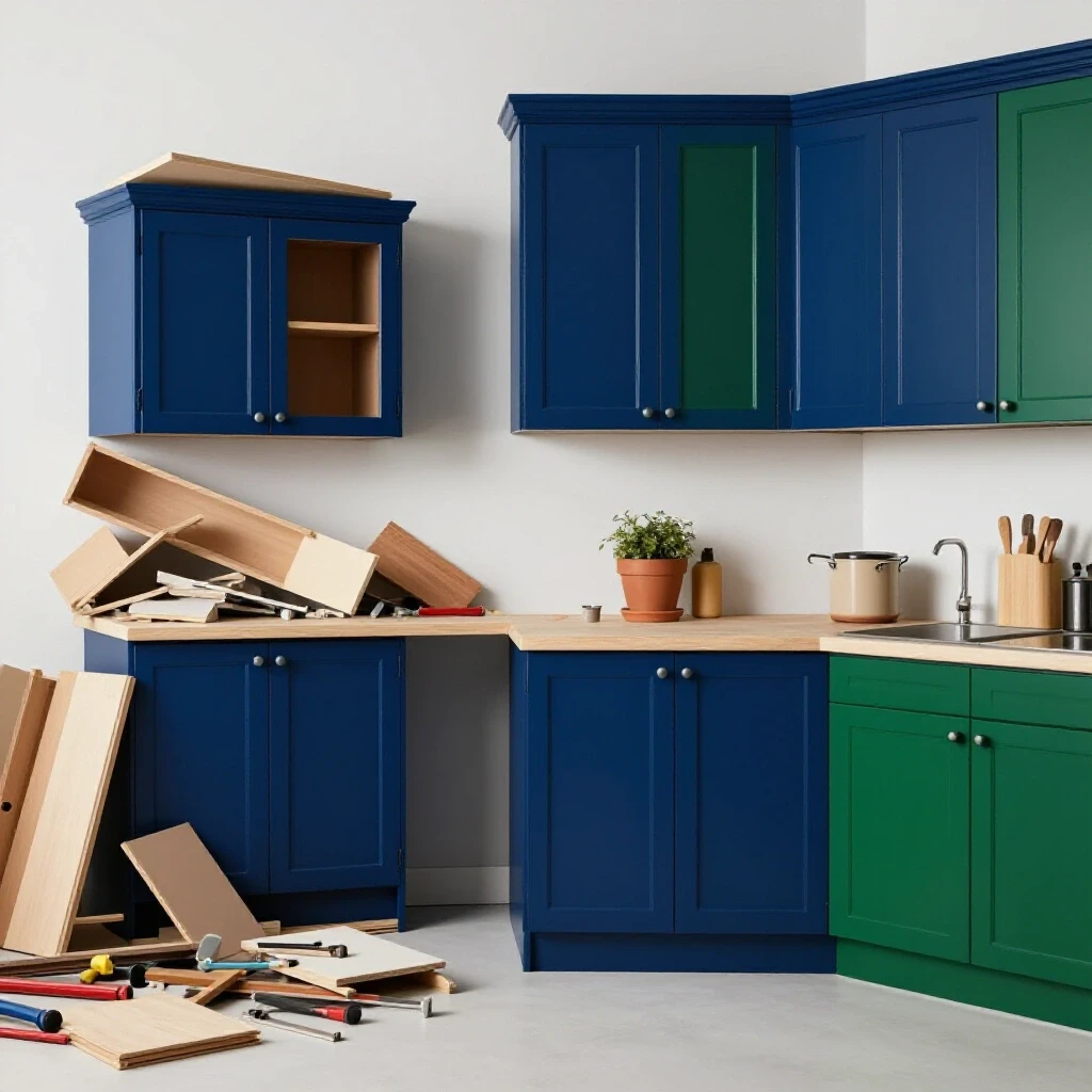 A split image showing chaotic cabinet assembly on one side and a beautifully organized kitchen on the other, highlighting the transformation.