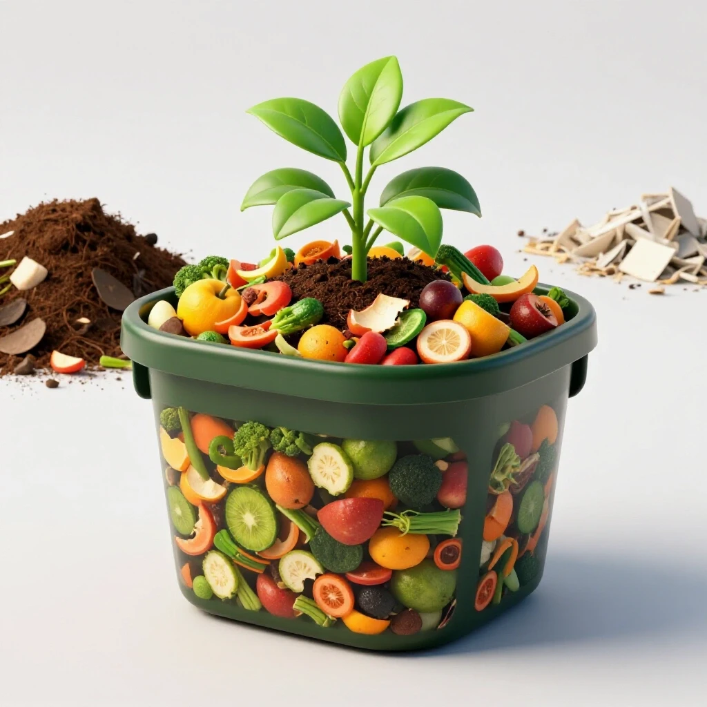 A vibrant compost bin overflowing with colorful kitchen scraps and a green plant, contrasted with a neglected compost pile.