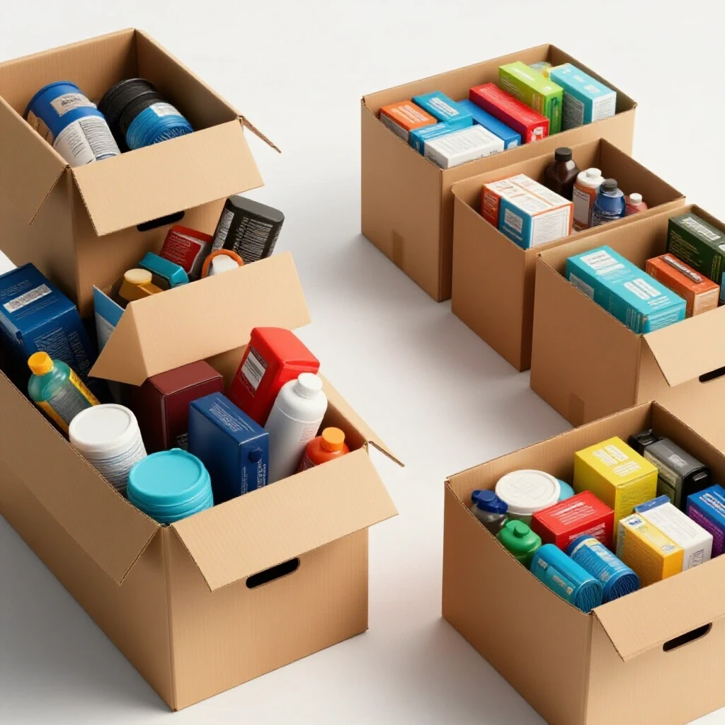 A visual comparison of a chaotic overflowing moving box and a neatly organized labeled box, highlighting packing order.