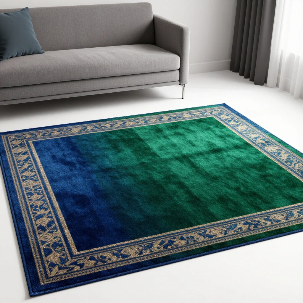 A visually split view of a room showing the impact of rug size, with a perfectly sized rug on one side and an oversized rug on the other.