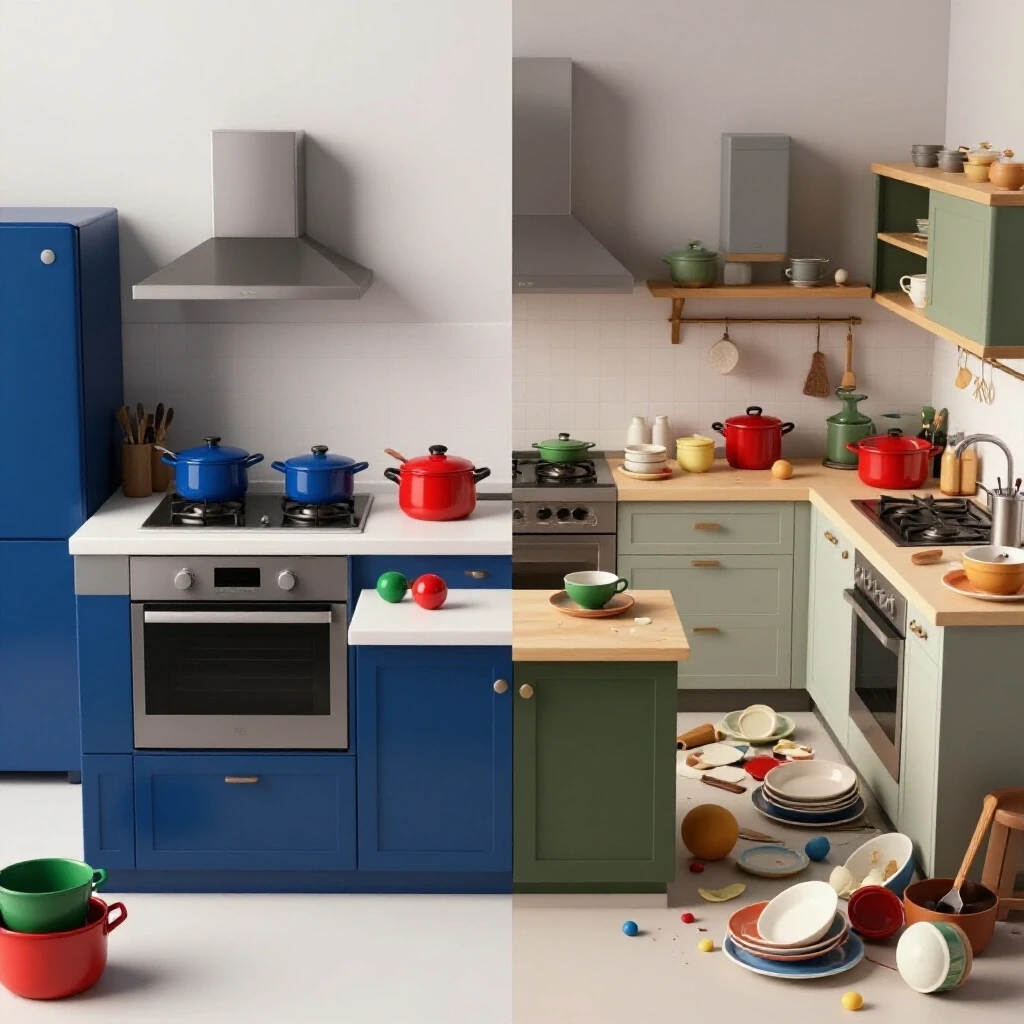 Split-screen image contrasting a beautifully organized kitchen with a chaotic kitchen scene, highlighting kitchen organization tips.