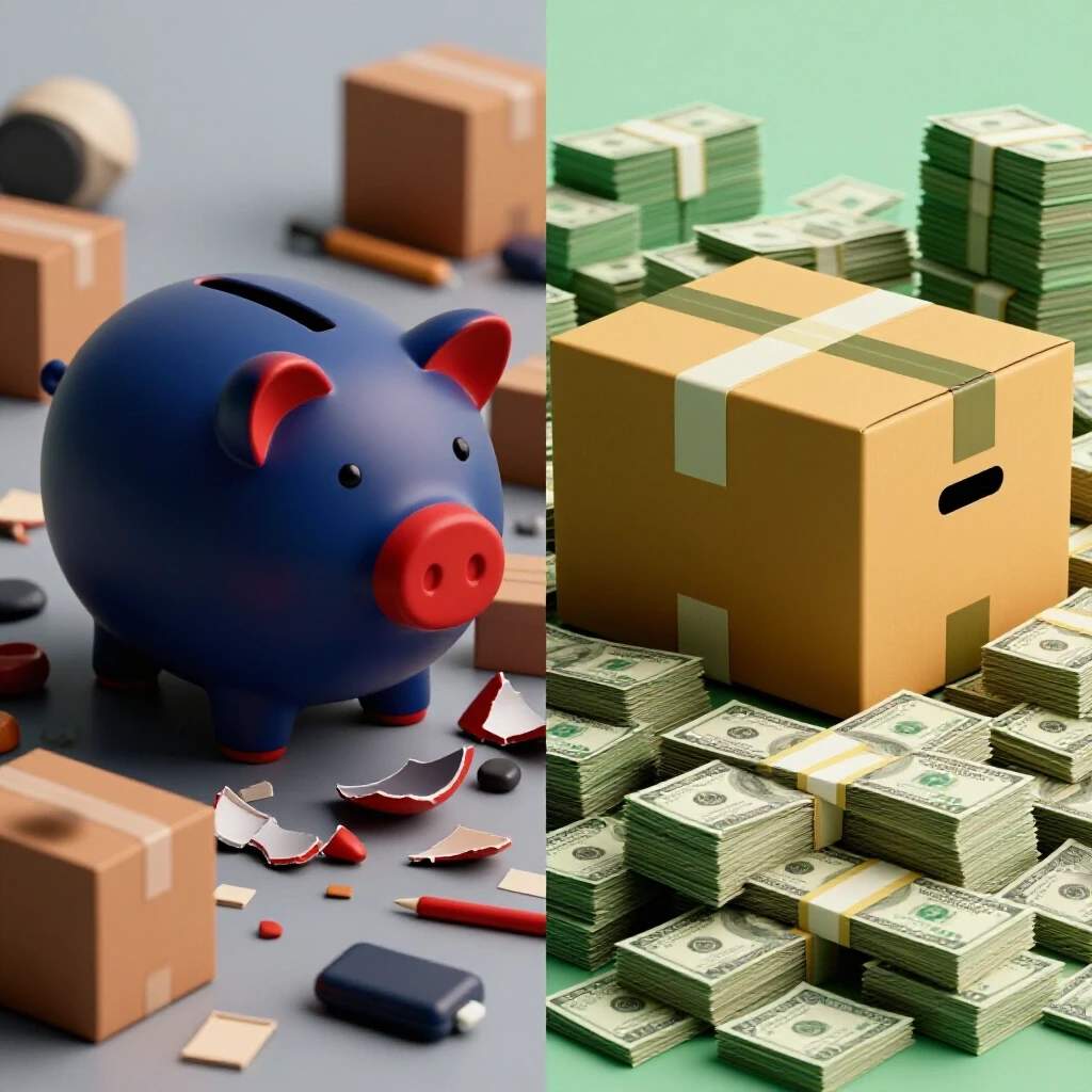Visual contrast between a chaotic moving scene with a broken piggy bank and a serene organized space with cash, illustrating moving savings.