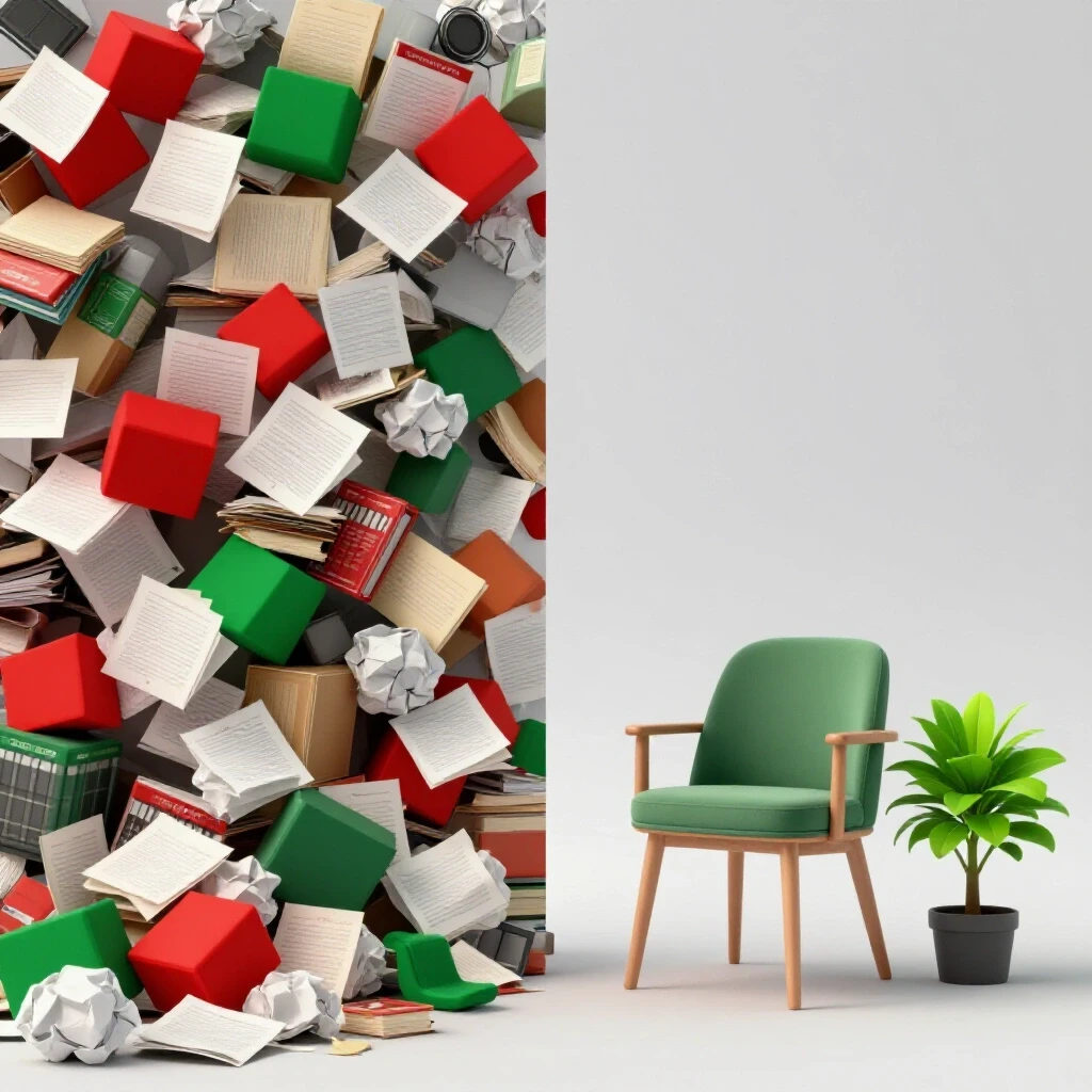 A split scene showing a chaotic cluttered space on one side and a serene minimalist area with a chair and plant on the other, symbolizing decluttering.