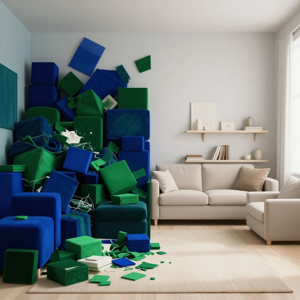 A visual representation of a chaotic room transitioning to an organized, serene space, illustrating mindful decluttering.