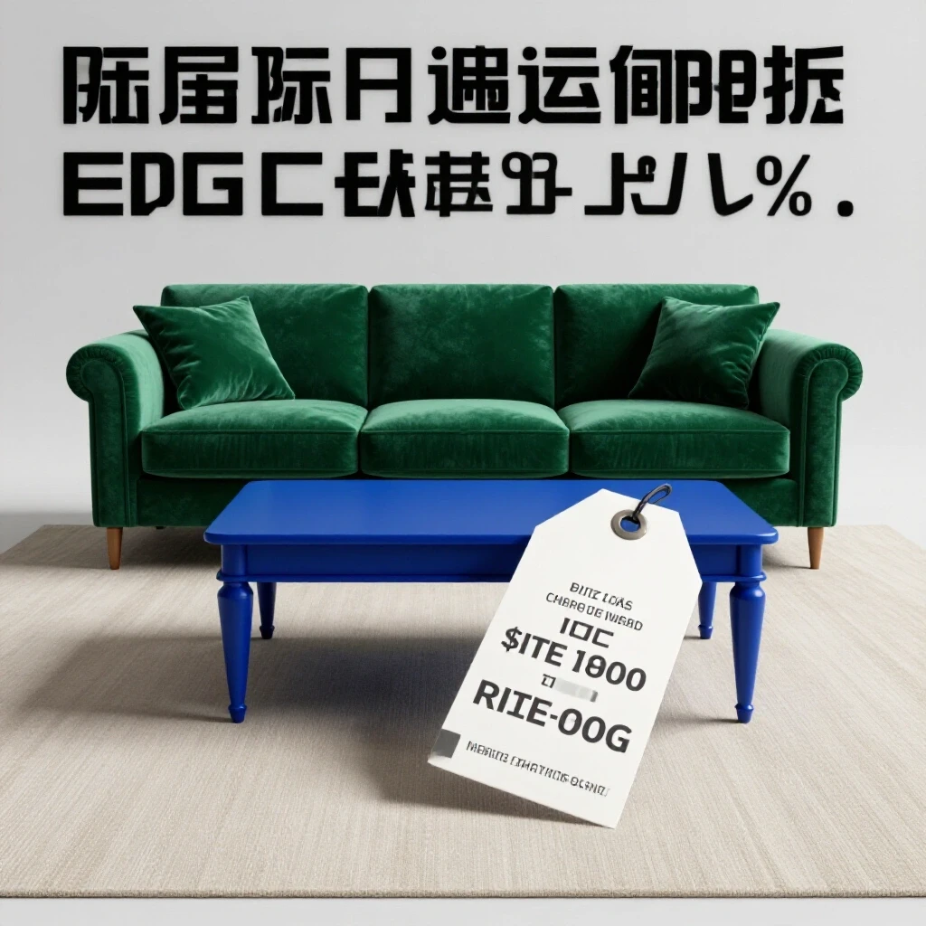 Elegant living room featuring an emerald green sofa and royal blue coffee table with an oversized price tag.