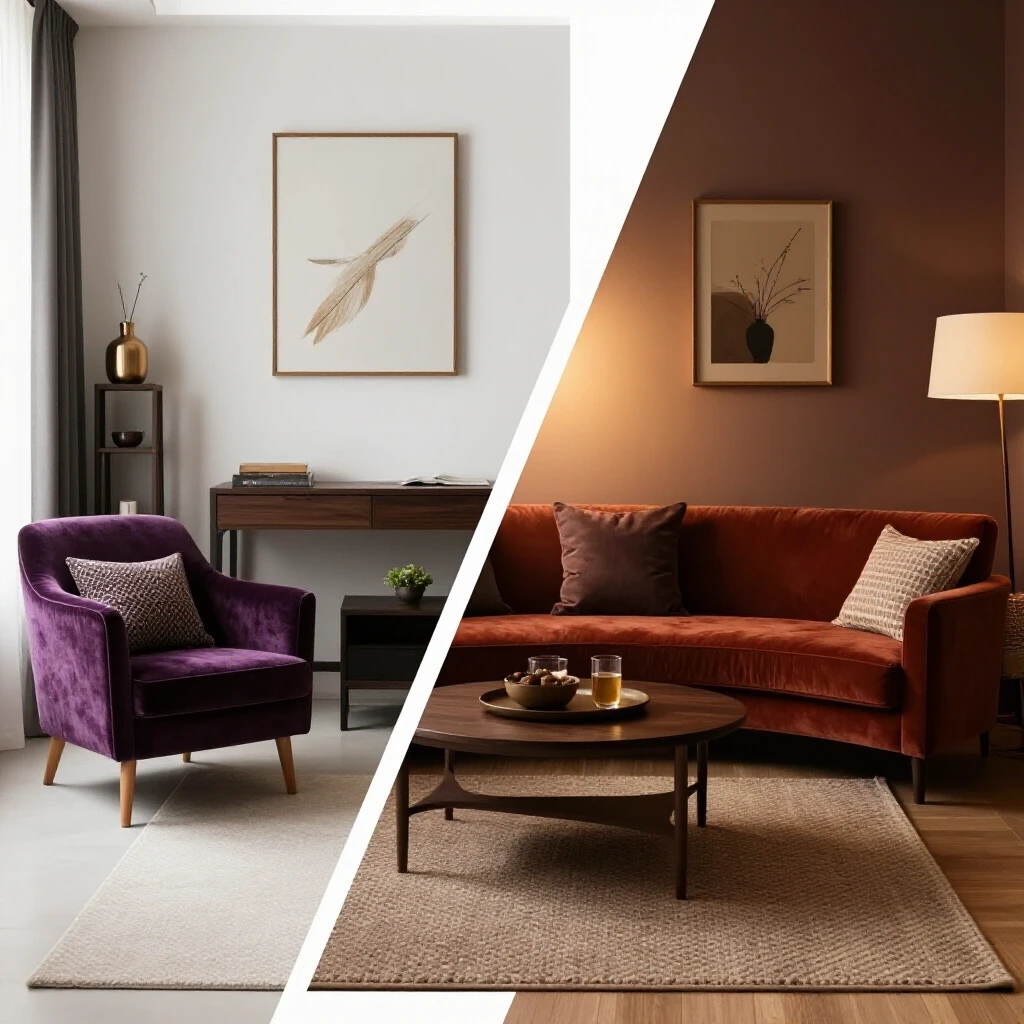 A stylish room with contrasting lighting: one side overly bright, the other cozy and inviting.