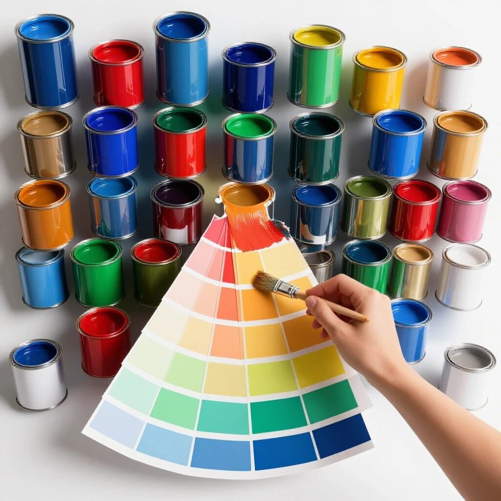 A vibrant paint swatch draped on a white wall with a brush ready to paint, surrounded by colorful paint cans.