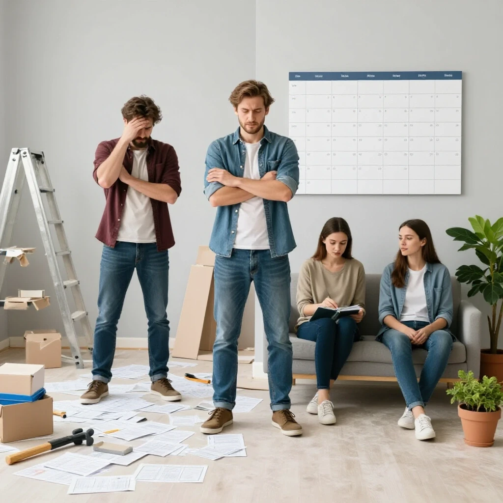A split scene showing chaos in home renovation on the left and a serene, organized space on the right, contrasting stress with tranquility.