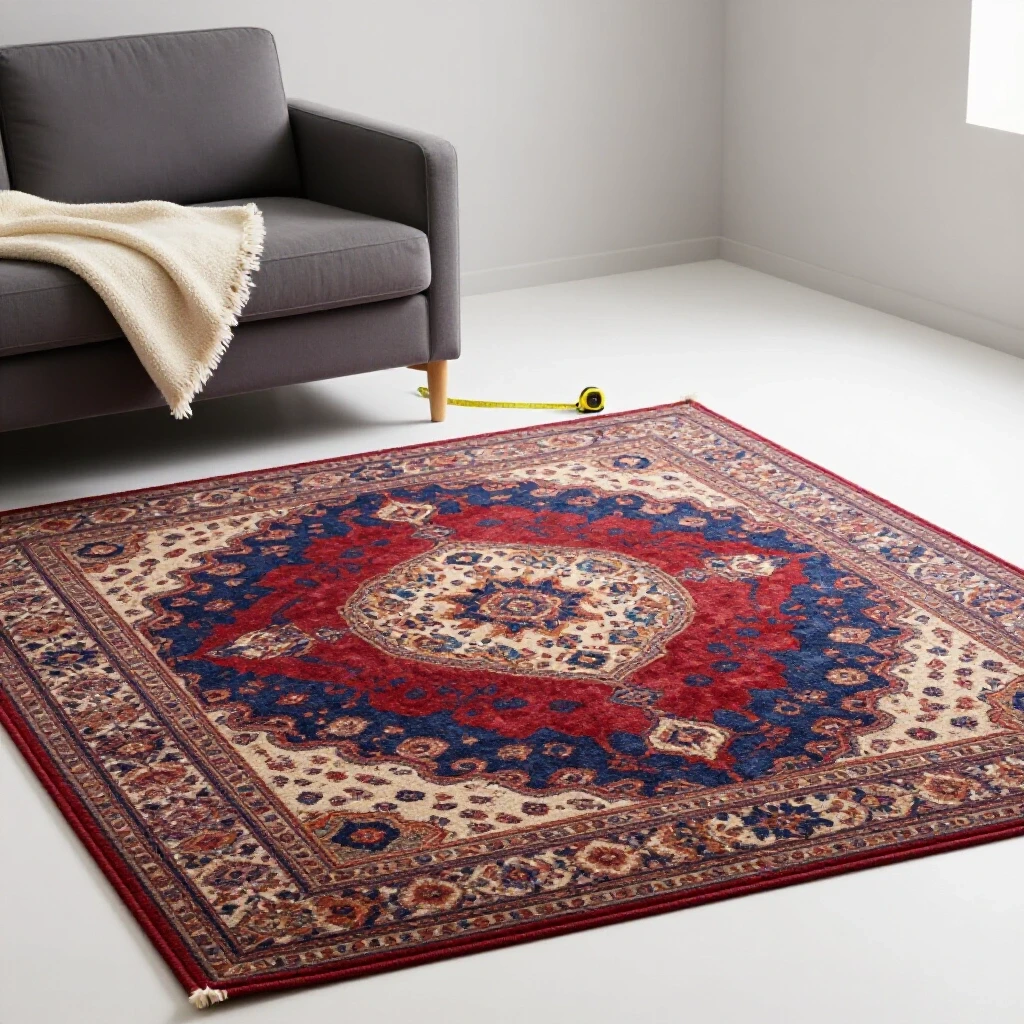 A stylish room showcasing an oversized colorful rug partially covering furniture, emphasizing rug sizing mistakes.