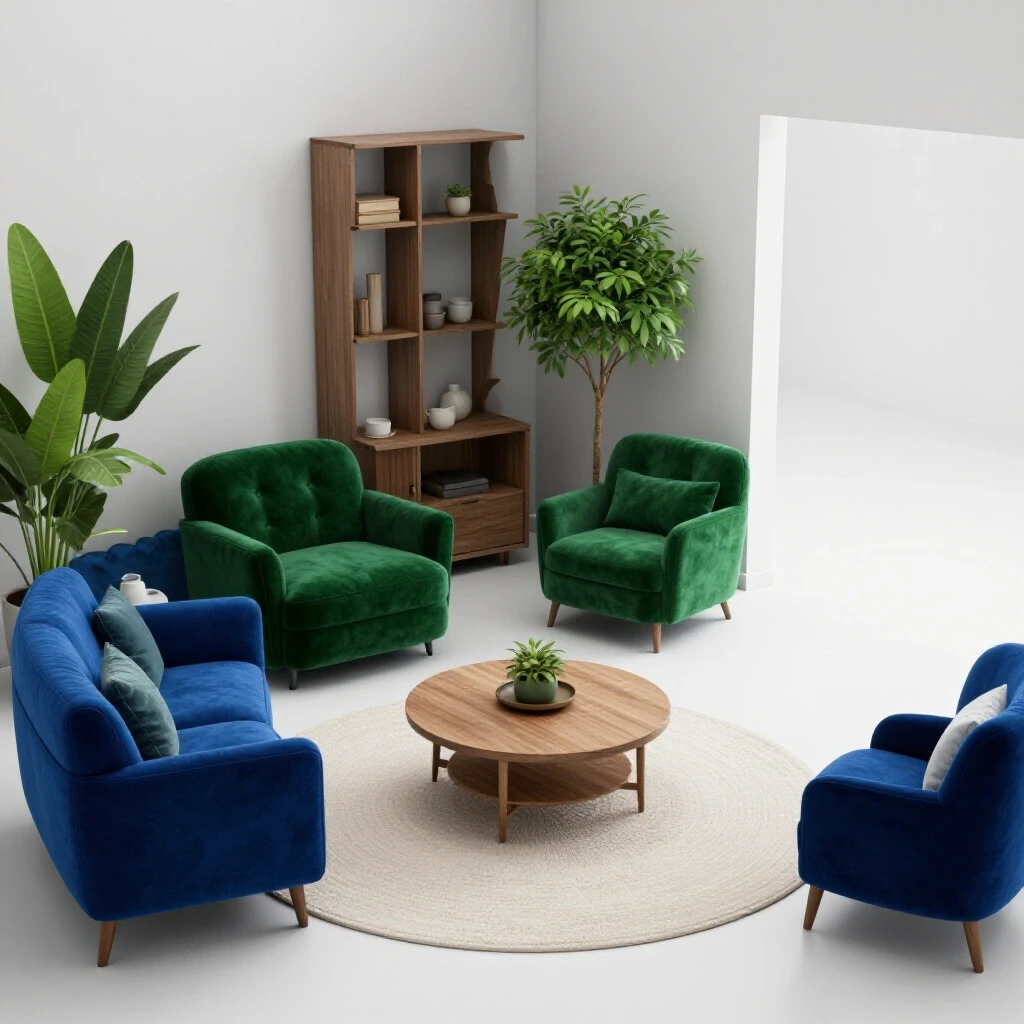 Stylish room showcasing balanced layout with cozy furniture corner against a minimalist space, featuring rich colors and greenery.