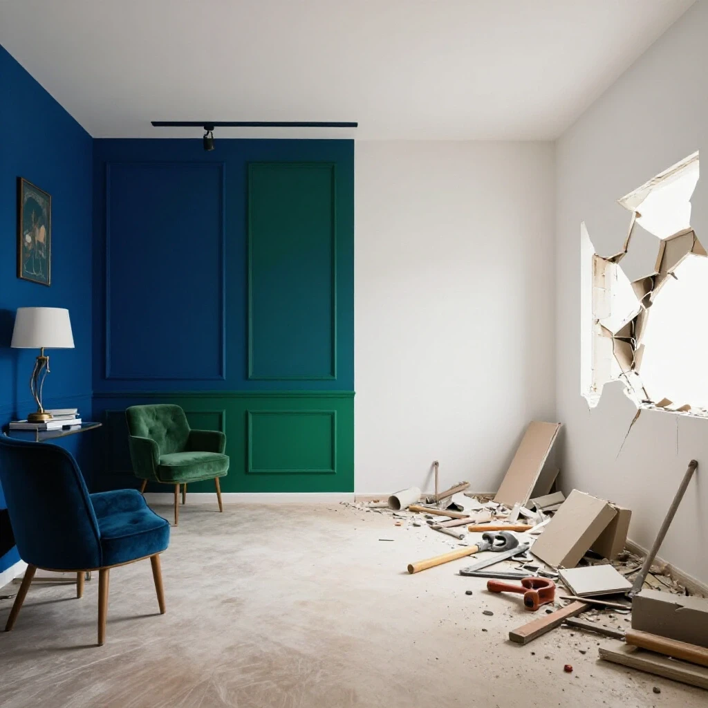 A split scene showcasing a beautifully renovated room contrasted with a chaotic renovation site, highlighting budget planning aspects.