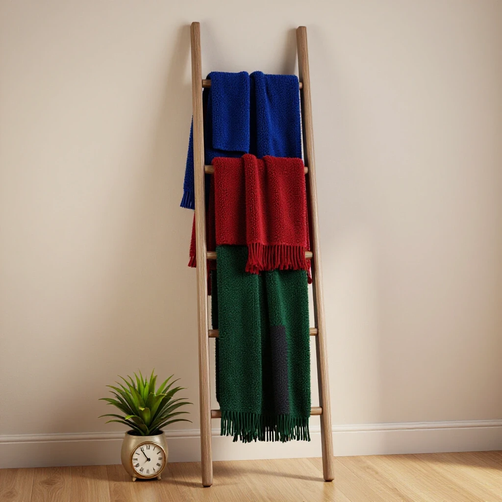 A colorful, textured blanket ladder leaning against a soft wall, showcasing vibrant blankets and a decorative item at the base.