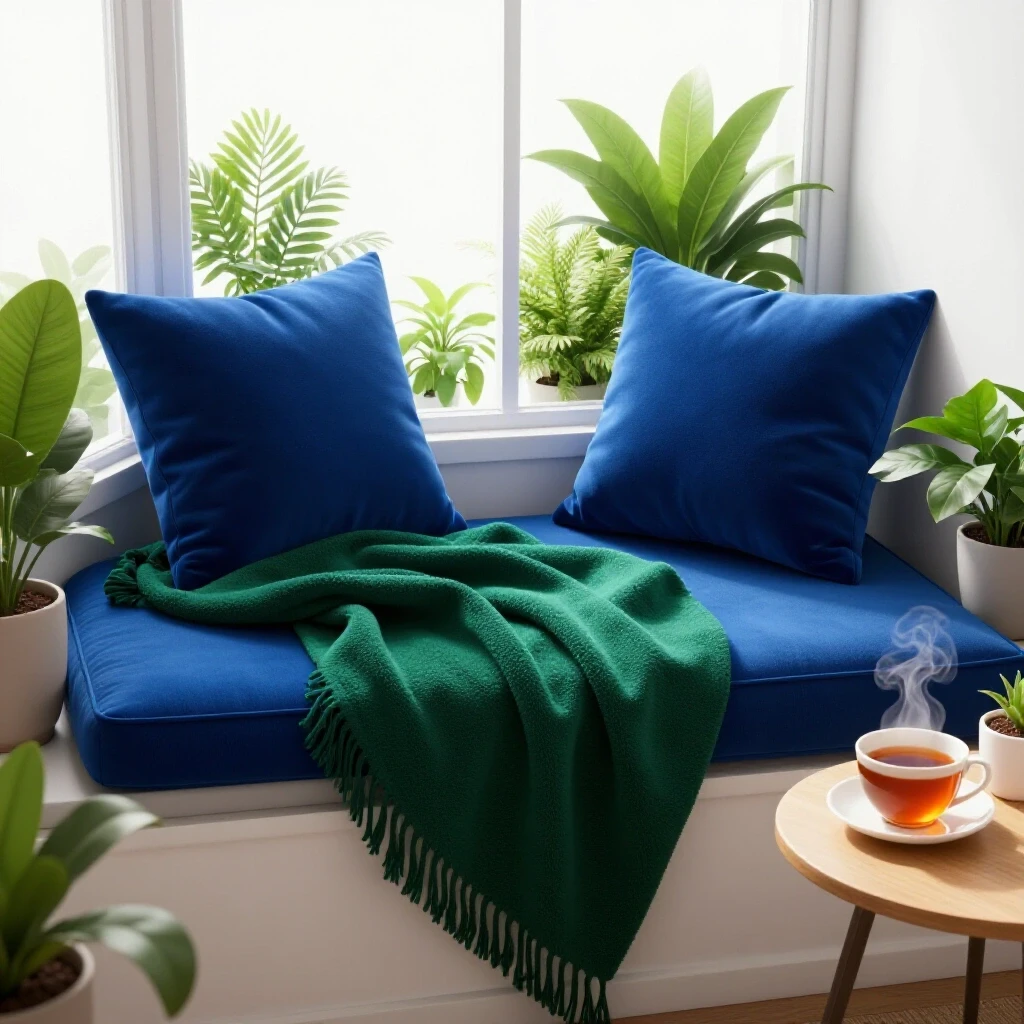A cozy, well-lit window seat with plush cushions, a throw blanket, indoor plants, and a steaming cup of tea.