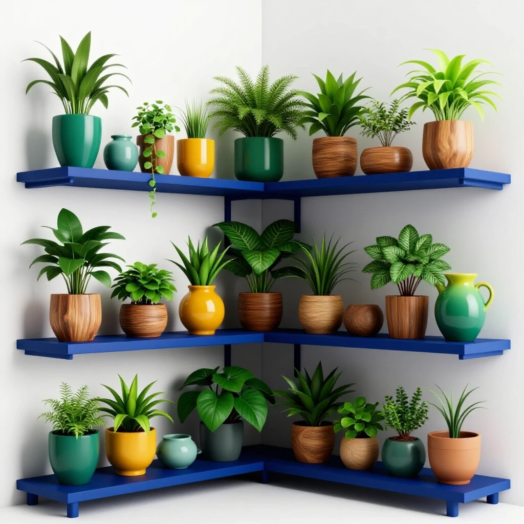 A beautifully styled corner shelf filled with vibrant plants and decor, set in a bright studio background.