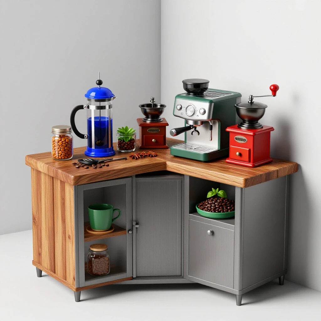 A cozy DIY coffee bar setup with various coffee-making tools and vibrant ingredients on a bright background.