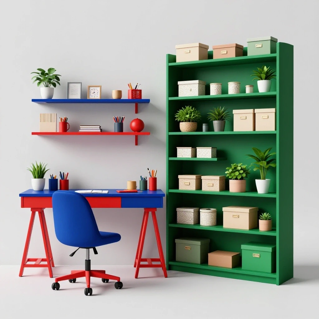 A vibrant DIY home office setup showcasing a cluttered workspace transitioning to a minimalist storage wall.