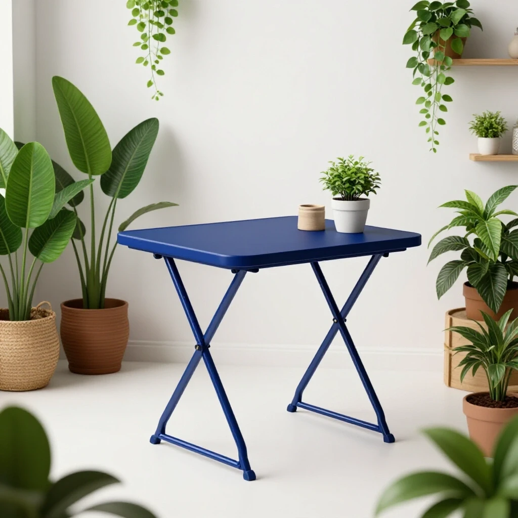 Stylish compact folding table in a small cozy living space surrounded by plants and decorative items.