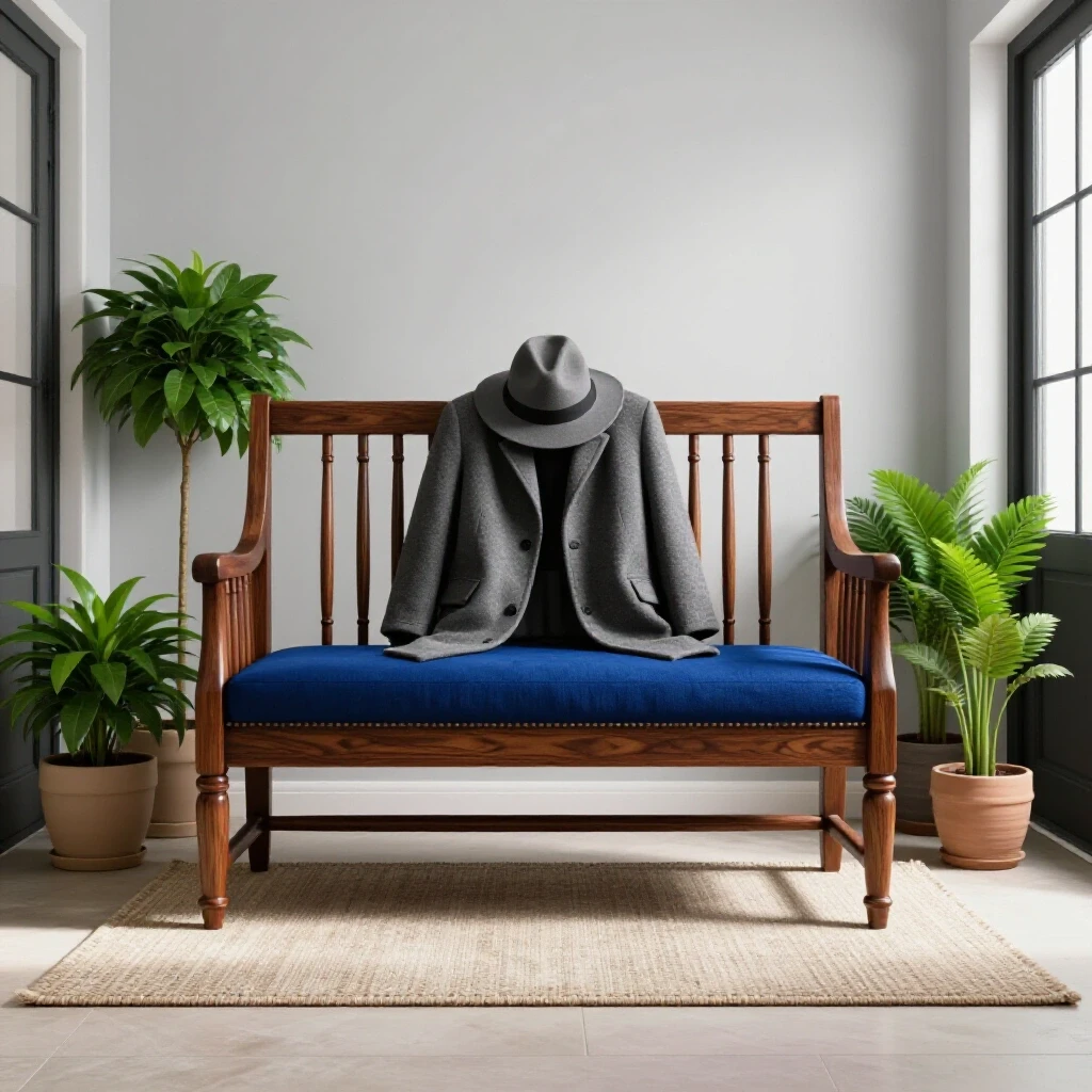 A luxurious hall tree bench in an entryway, complemented by vibrant green plants and a textured rug, exuding warmth.