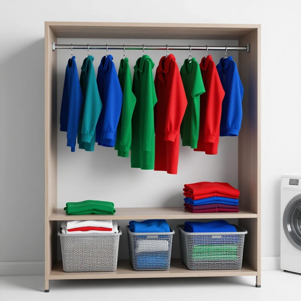 Stylish laundry shelf with vibrant clothes on a rod in a bright, clean setting.