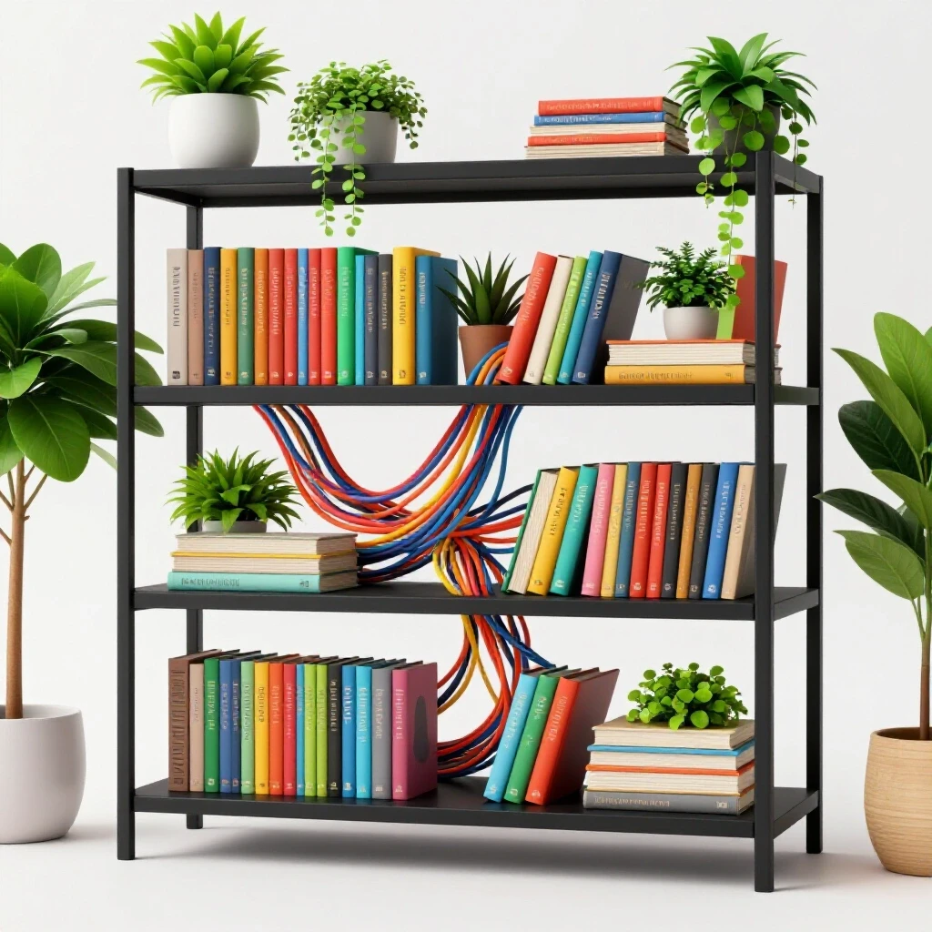 A vibrant media shelf with colorful cables, plants, and books against a bright white background, showcasing cable organization.