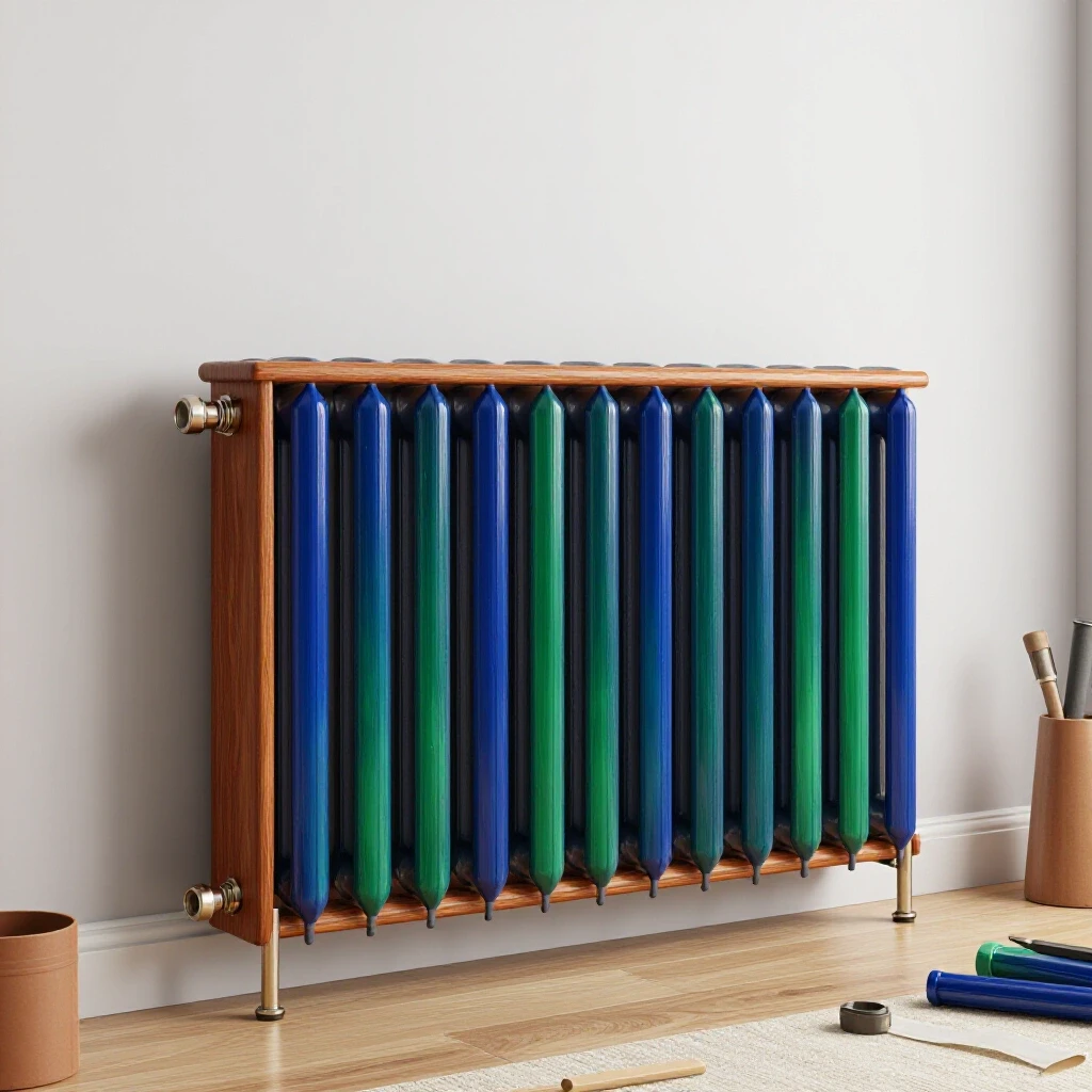 Cozy living room featuring a beautifully crafted wooden radiator cover, surrounded by DIY tools and materials.