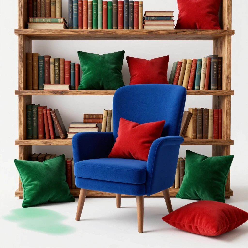 Cozy reading corner featuring a blue chair, rustic bookshelf, and vibrant cushions against a bright background.