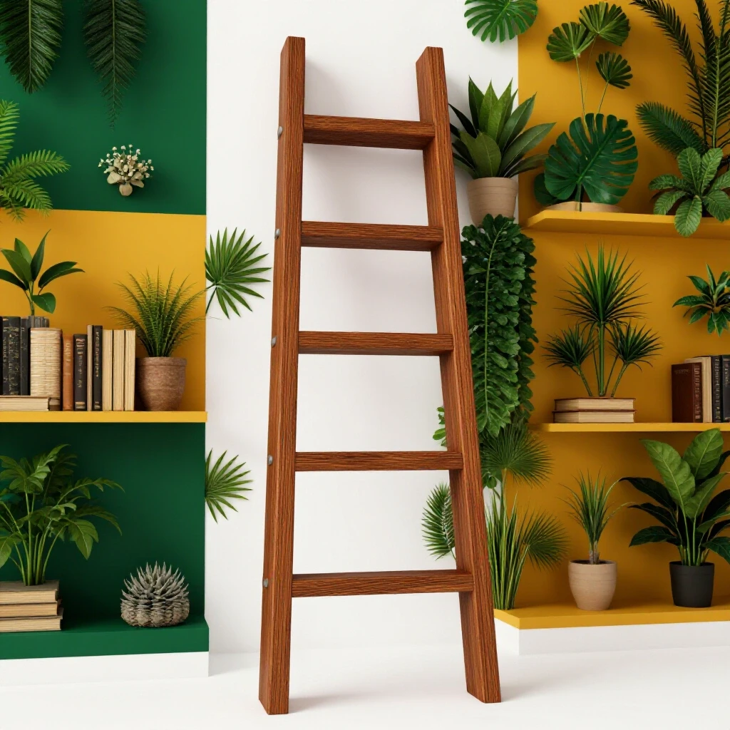 A beautifully crafted wooden ladder against a vibrant wall displaying decorative plants and books in a bright studio setting.
