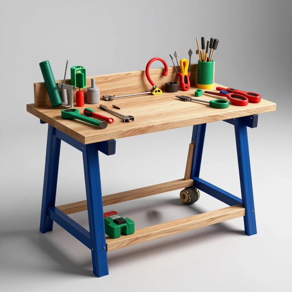 Partially constructed garage workbench surrounded by colorful tools and materials, inviting DIY atmosphere.