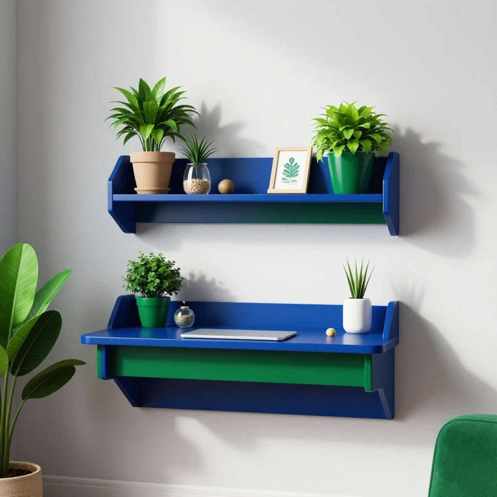 Compact wall-mounted shelf desk with vibrant plants in a cozy small room setting, illustrating functional design.