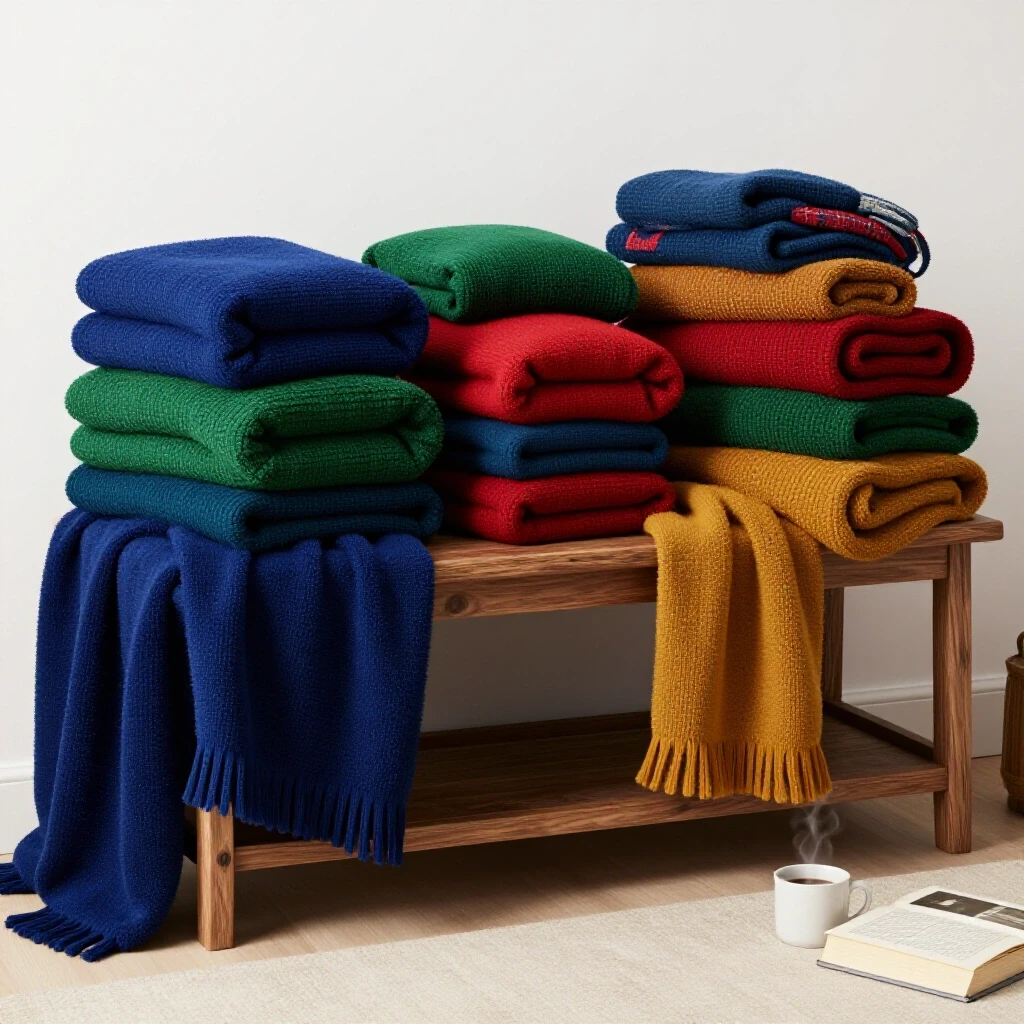 Rustic blanket storage bench full of colorful blankets in a cozy, well-lit living room with a mug and book nearby.