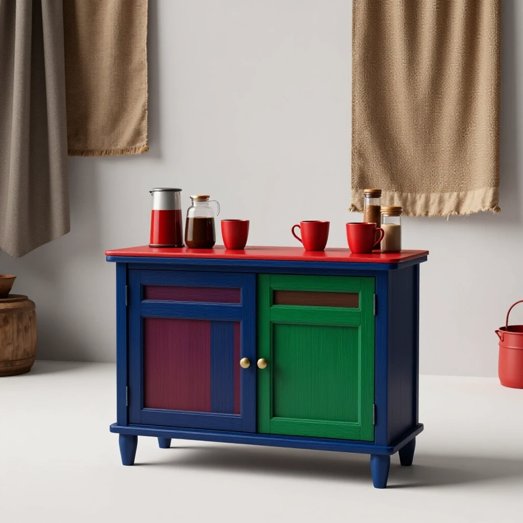 A beautifully designed DIY coffee station cabinet in a bright studio setting, showcasing vibrant coffee accessories.
