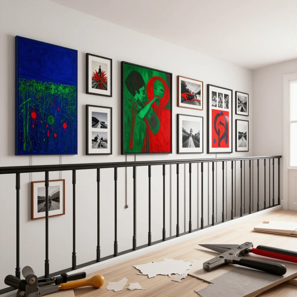 A beautifully styled hallway featuring a gallery rail with vibrant artwork and installation tools, showcasing a DIY project.
