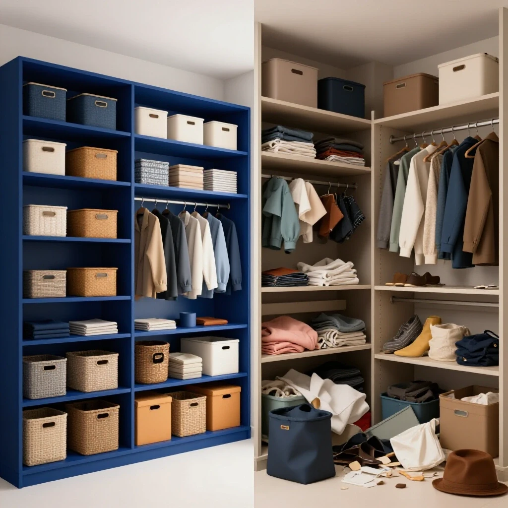 A visually striking split-image showcasing an organized and cluttered closet for a DIY shelving guide.