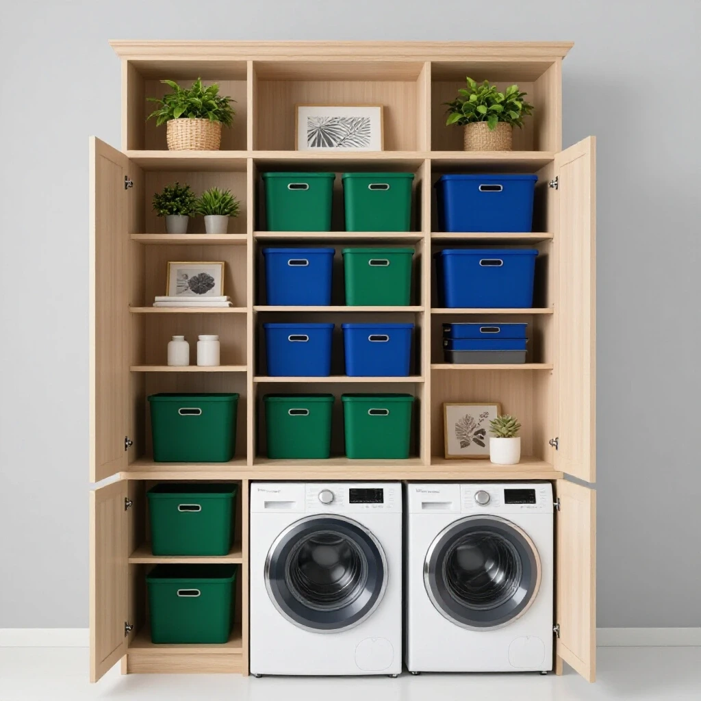 A vibrant and organized laundry room showcasing open cabinetry with deep colored bins and plants, exuding stylish storage solutions.