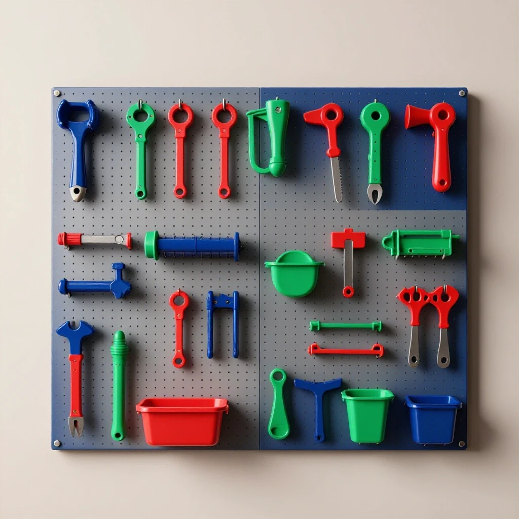 A colorful pegboard wall filled with various DIY tools and supplies, set against a neutral background.