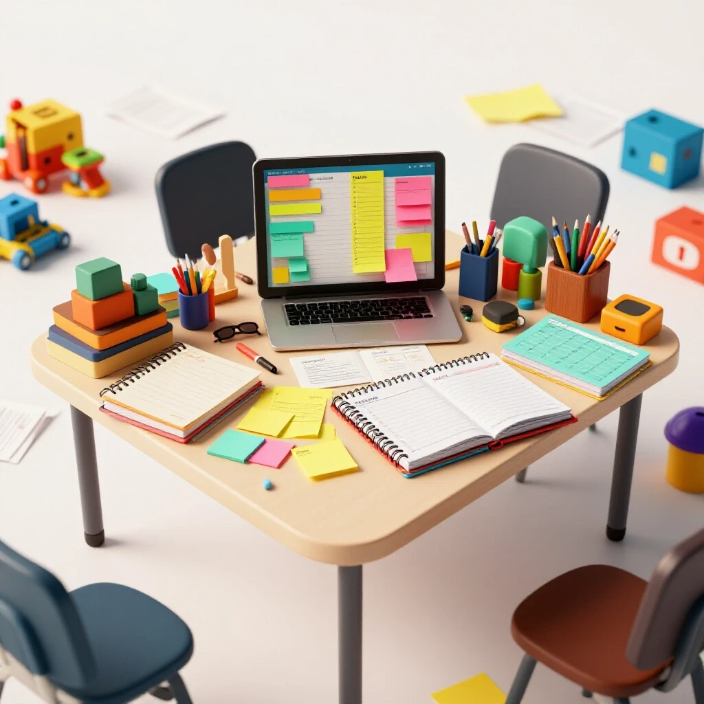 An organized family command center with bright planners and sticky notes contrasted against a messy backdrop of toys and papers.