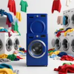 A stylish custom laundry sorter in deep royal blue amidst a chaotic overflowing laundry scene, promoting home organization.