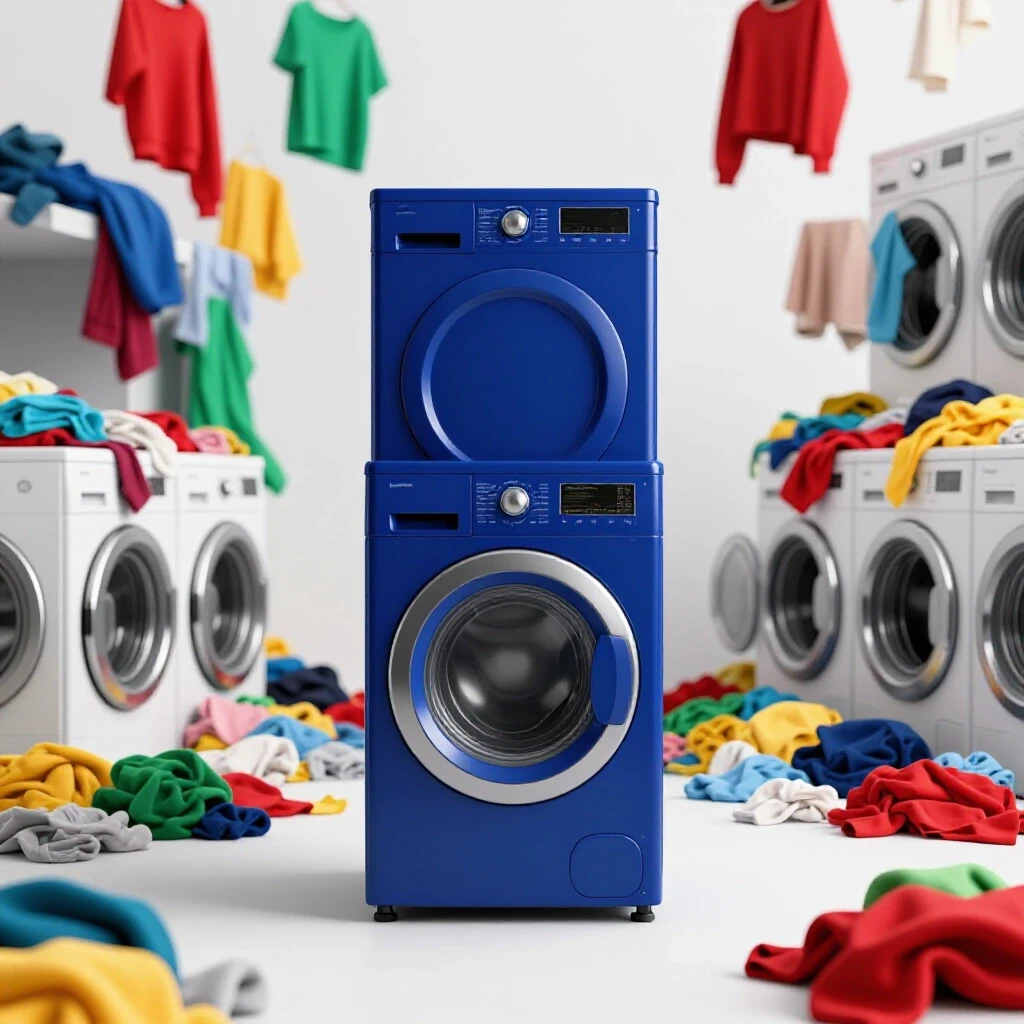 A stylish custom laundry sorter in deep royal blue amidst a chaotic overflowing laundry scene, promoting home organization.