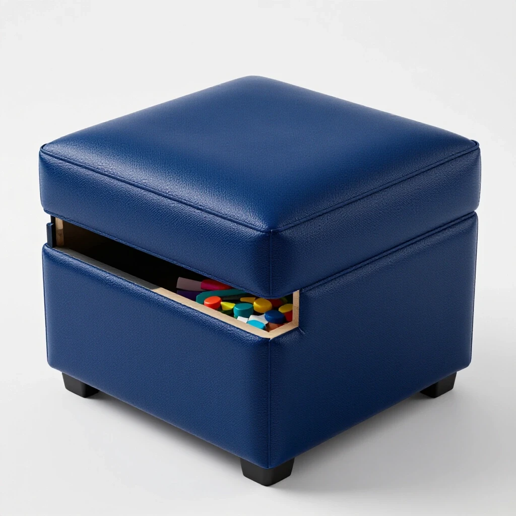 Partially constructed storage ottoman with vibrant craft supplies spilling from a hidden compartment in a bright studio.