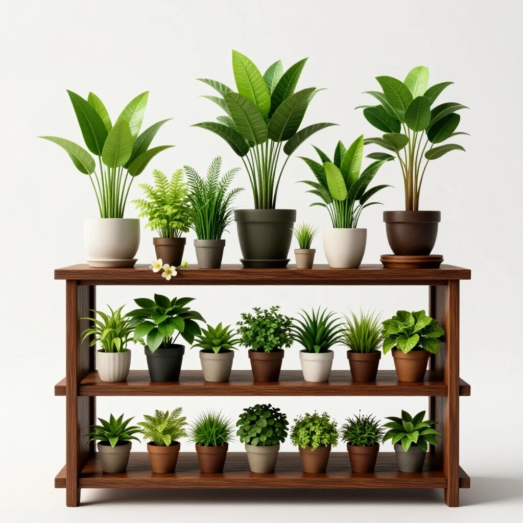 A sturdy wooden plant shelf with lush green plants, contrasting decorative objects in a bright studio background.