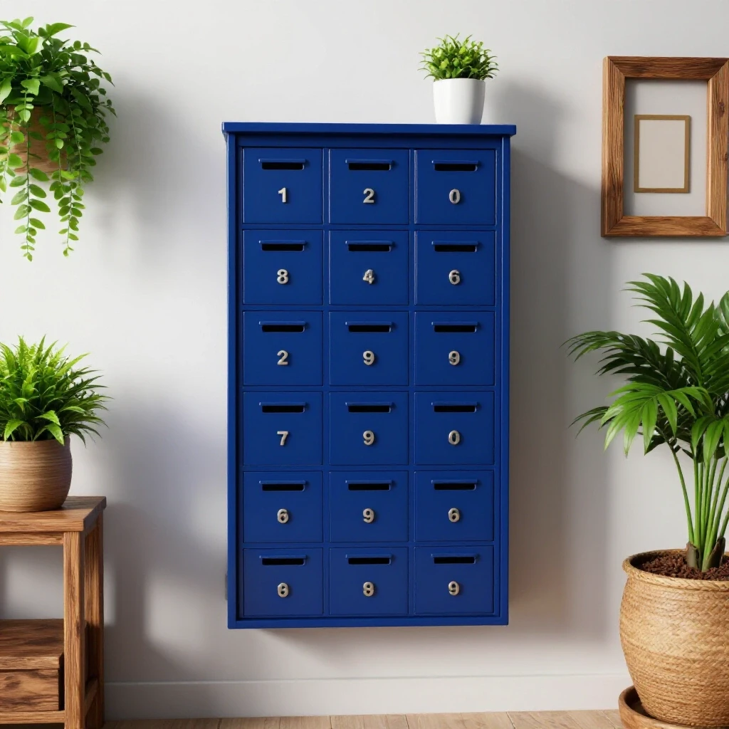 Stylish entryway featuring a modern wall-mounted mail sorter with vibrant plants and rustic decor.
