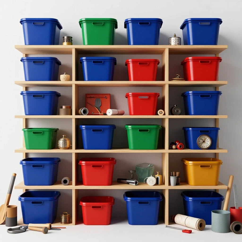 Stylish wall shelf under construction with colorful bins and scattered items symbolizing clutter control.