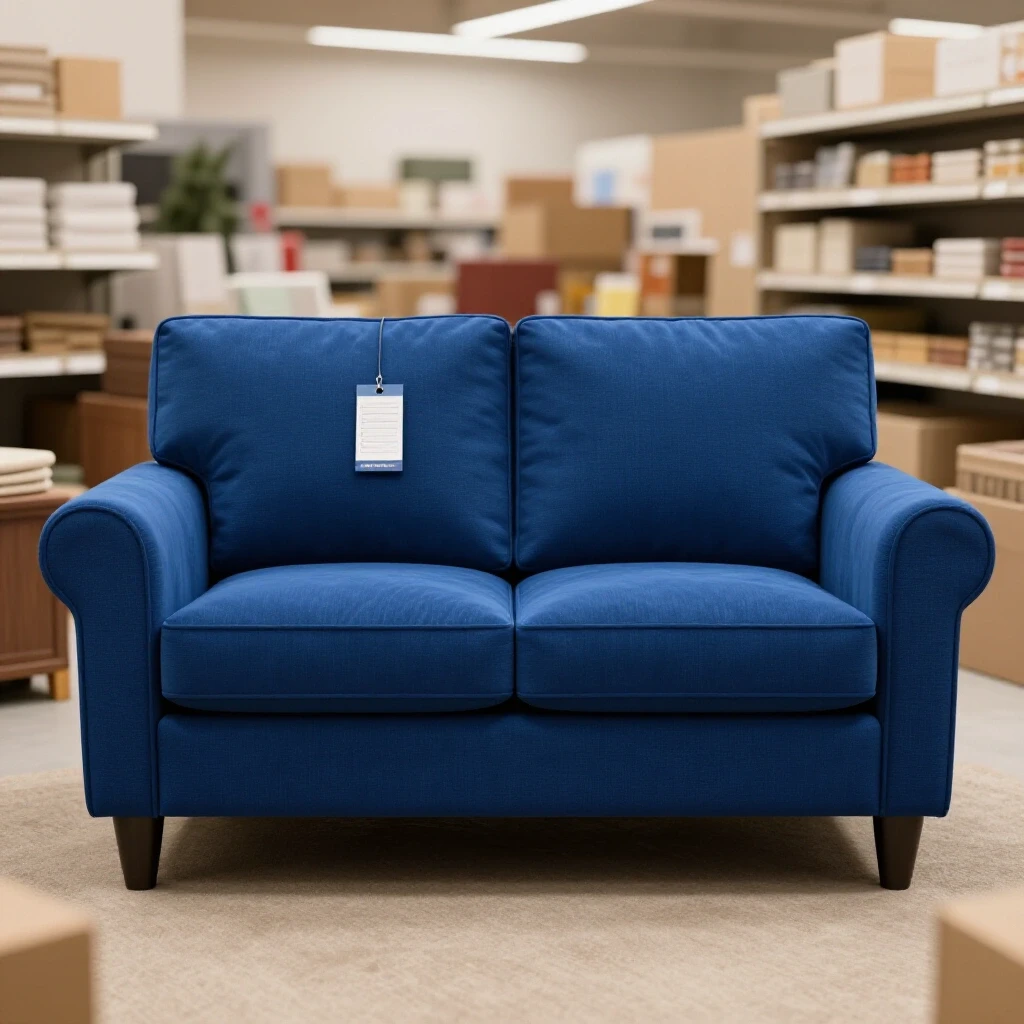 Luxurious deep blue secondhand sofa in a bright living room with a blurred thrift store background.