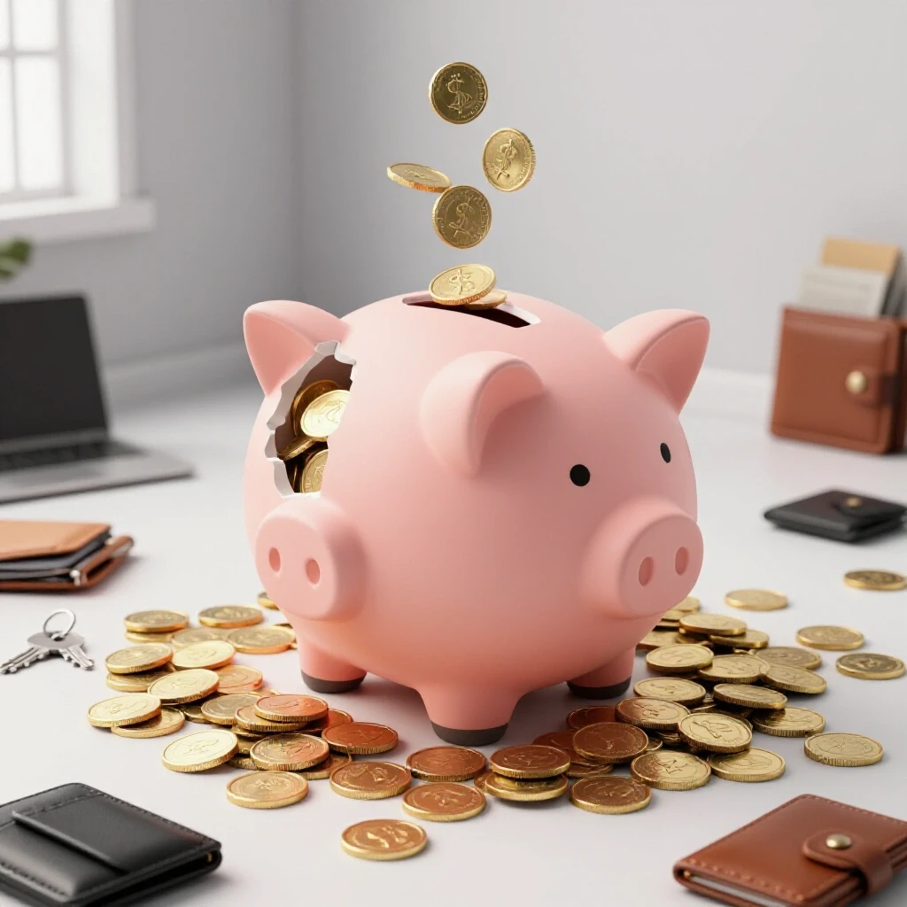 A broken piggy bank spilling coins in a cluttered room illustrating costs of lost items and benefits of organization.