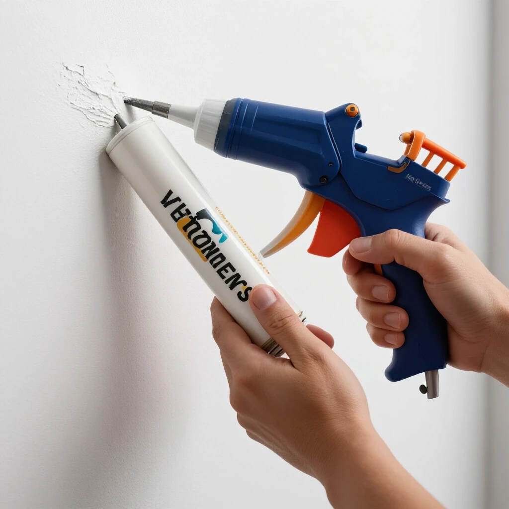 A hand applying caulk from a caulking gun onto a freshly painted wall next to a rough edge, showcasing DIY home maintenance.