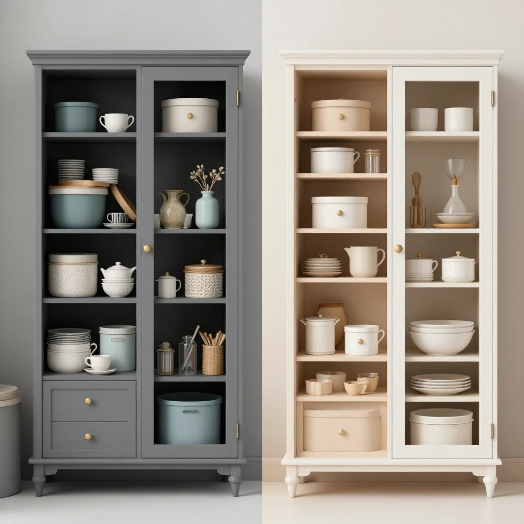 A split-image of a cluttered cabinet juxtaposed with a well-organized cabinet, showcasing stark contrasts in color and orderliness.
