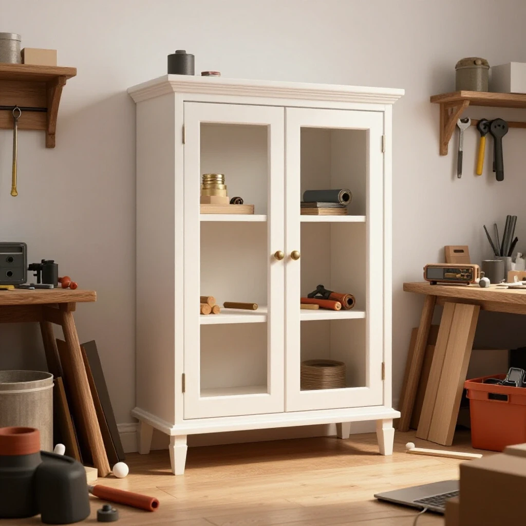 A beautifully installed cabinet prominently displayed against a chaotic DIY workspace, illustrating the contrast between success and frustration.